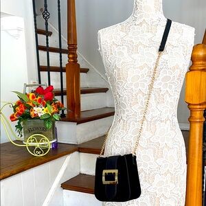 LD black suede & faux croc buckled crossbody bag